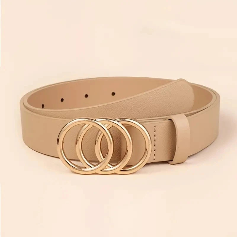 Golden Triple Ring Buckle Belts Simple Solid Color