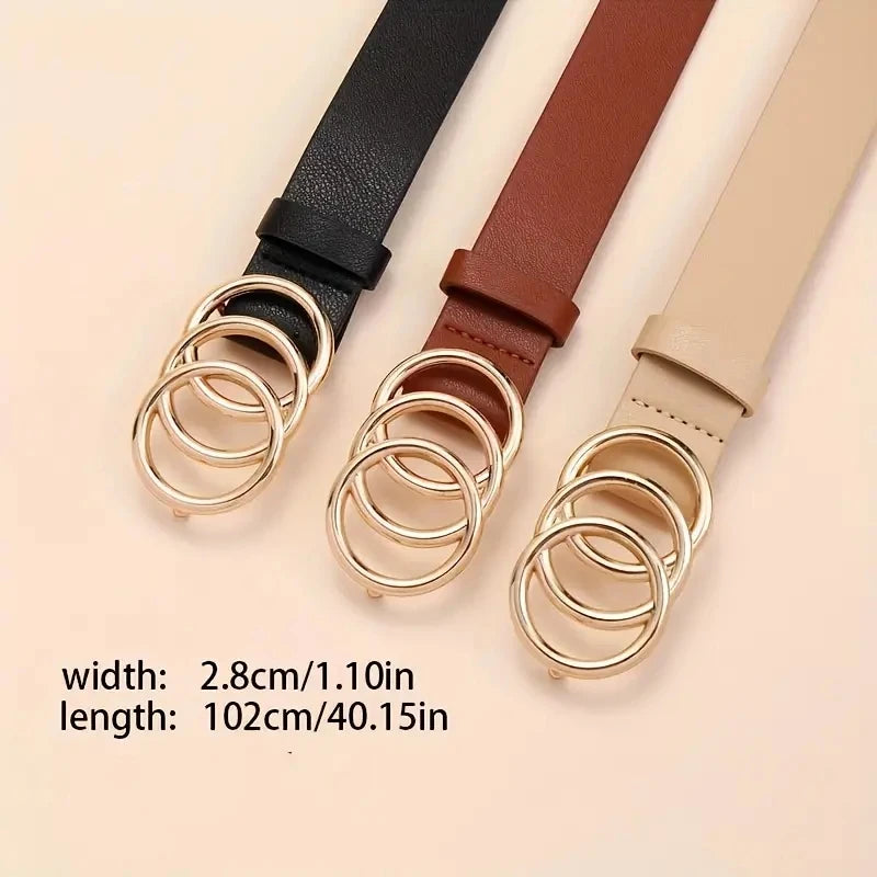 Golden Triple Ring Buckle Belts Simple Solid Color