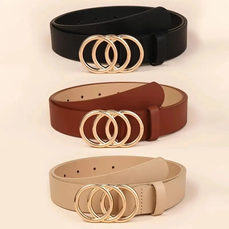 Golden Triple Ring Buckle Belts Simple Solid Color