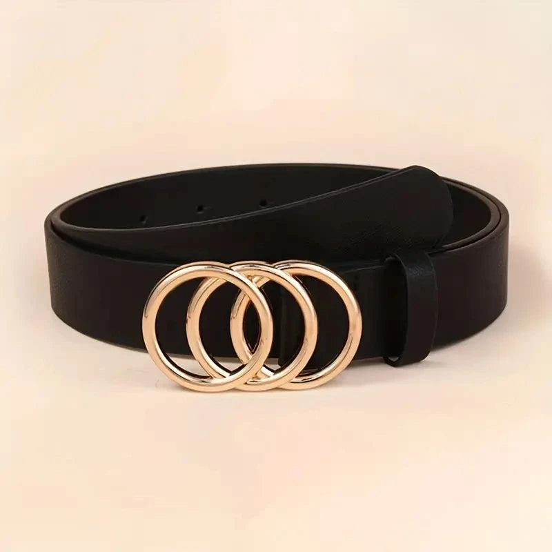 Golden Triple Ring Buckle Belts Simple Solid Color