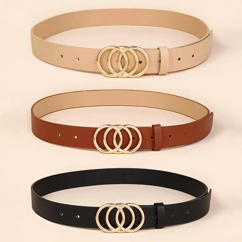 Golden Triple Ring Buckle Belts Simple Solid Color