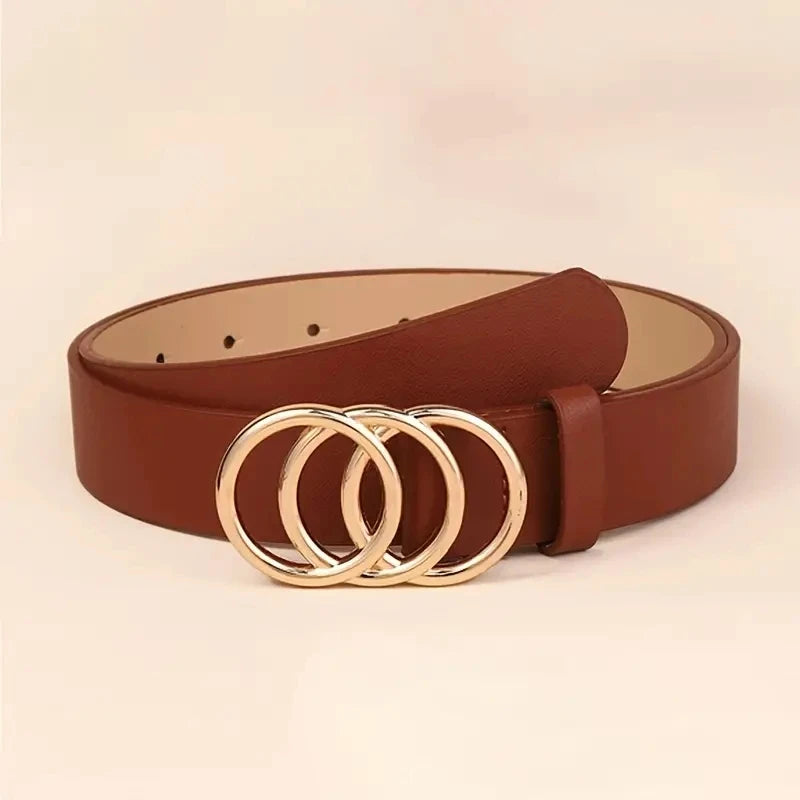 Golden Triple Ring Buckle Belts Simple Solid Color